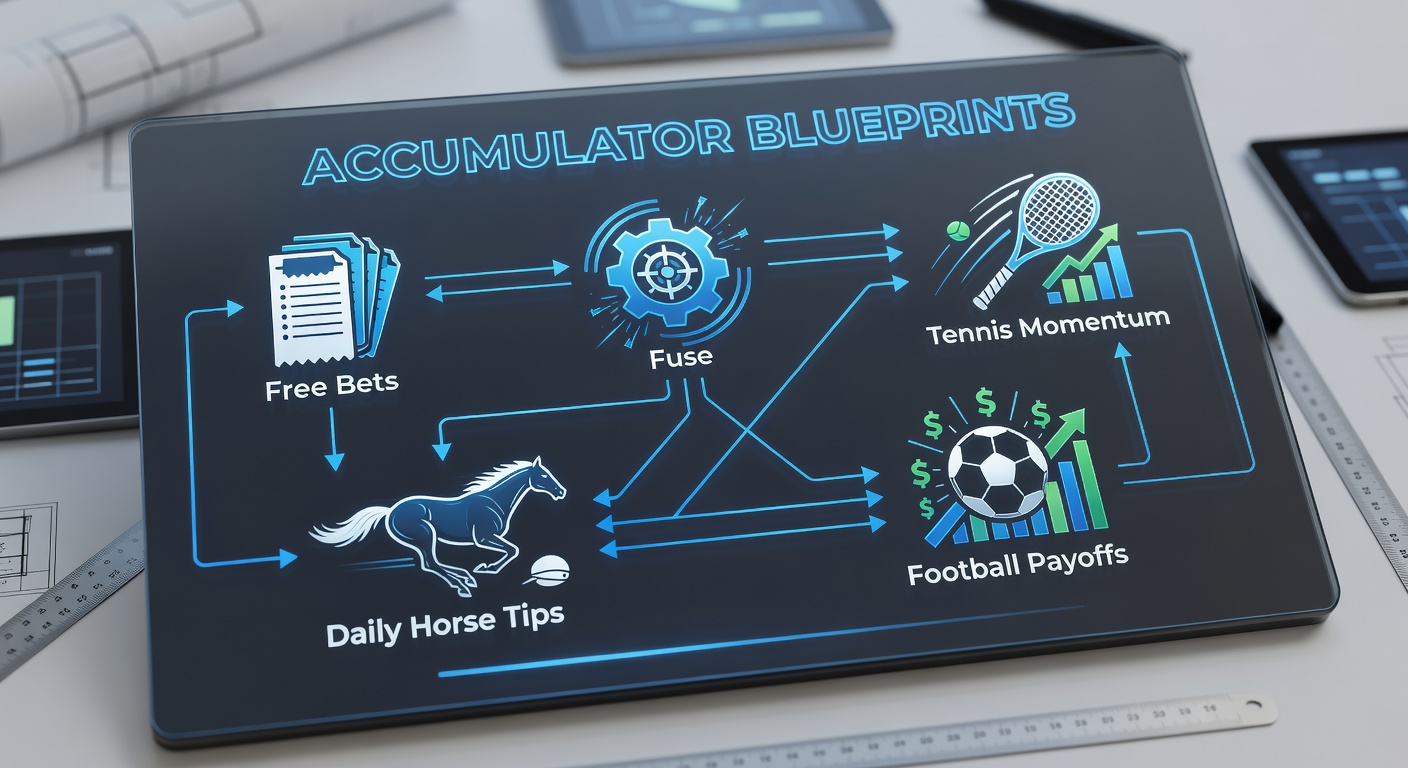 Visual blueprint of an accumulator bet linking horse racing tips, tennis rallies, and football goals with free bet icons overlayed for multiplied payoffs