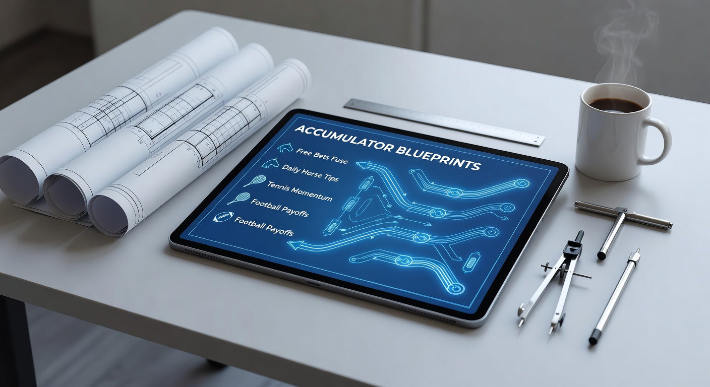 Dynamic split-image showing a horse racing finish line, tennis player mid-serve, and football net ripple, connected by glowing accumulator lines
