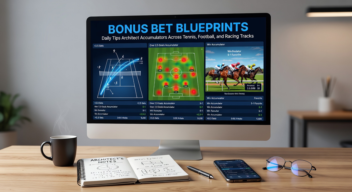 Close-up of a punter reviewing betting slips on a tablet, surrounded by screens displaying live tennis, football scores, and horse racing odds for accumulator building