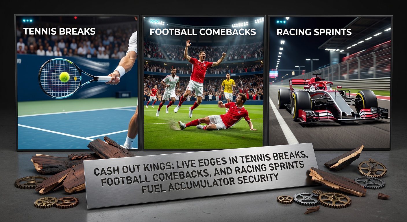 Dynamic live betting scene showing tennis player mid-break, soccer goal celebration, and horse racing sprint finish, highlighting cash-out opportunities in accumulators