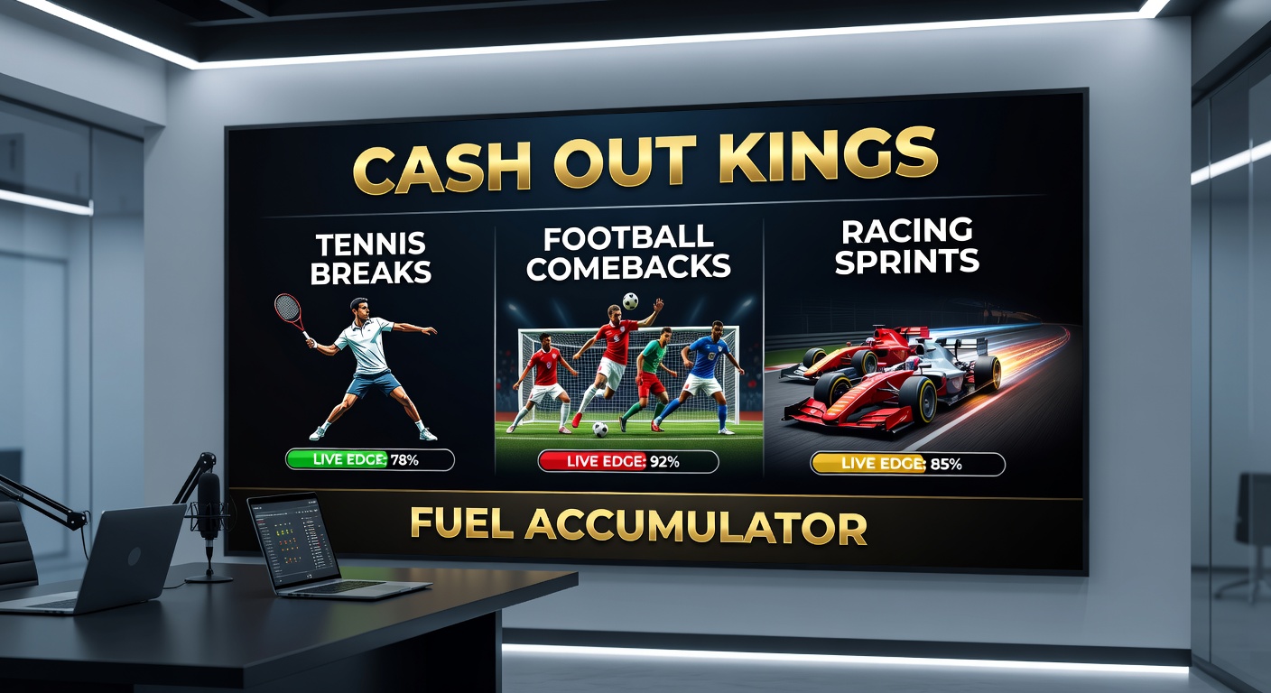 Close-up of bettor's screen displaying cash-out button active during a tense horse racing sprint, with tennis and soccer accumulator legs updating live