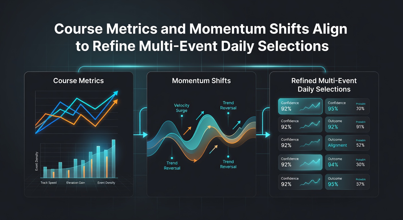 Detailed view of racetrack course metrics displayed on digital screens alongside performance charts for multi-event daily selections