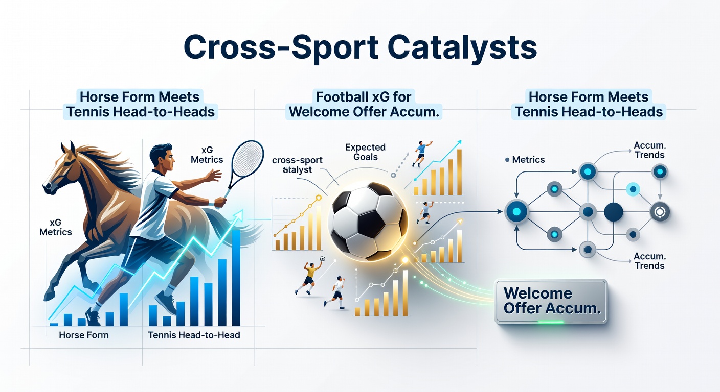 Digital dashboard displaying horse form graphs alongside tennis H2H tables and football xG heatmaps for accumulator building