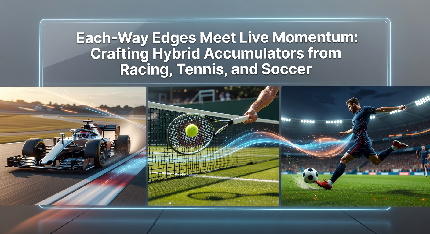 Dynamic collage of galloping racehorses, a tennis player mid-serve on clay, and soccer players chasing a ball during a momentum shift, symbolizing hybrid betting strategies