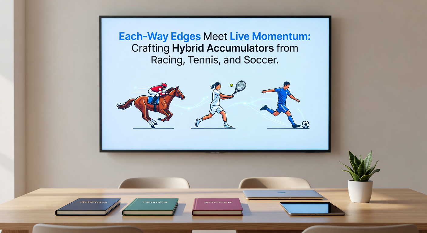 Close-up of a bet slip showing a three-leg accumulator combining horse racing each-way, live tennis break bet, and soccer second-half goal, with rising odds graph overlay