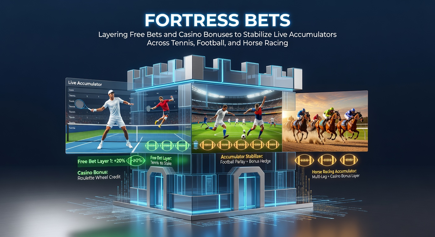 Live accumulator bet building on tennis court with overlaid football pitch and horse racing track, symbolizing layered strategies across sports