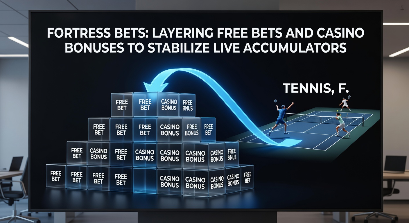 Casino bonus interface merging with live tennis, football, and horse racing accumulator odds, illustrating fortress layering strategy