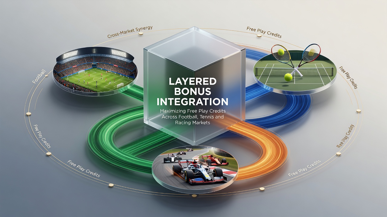 Illustration of layered bonus integration across football, tennis and racing betting markets showing free play credits allocation