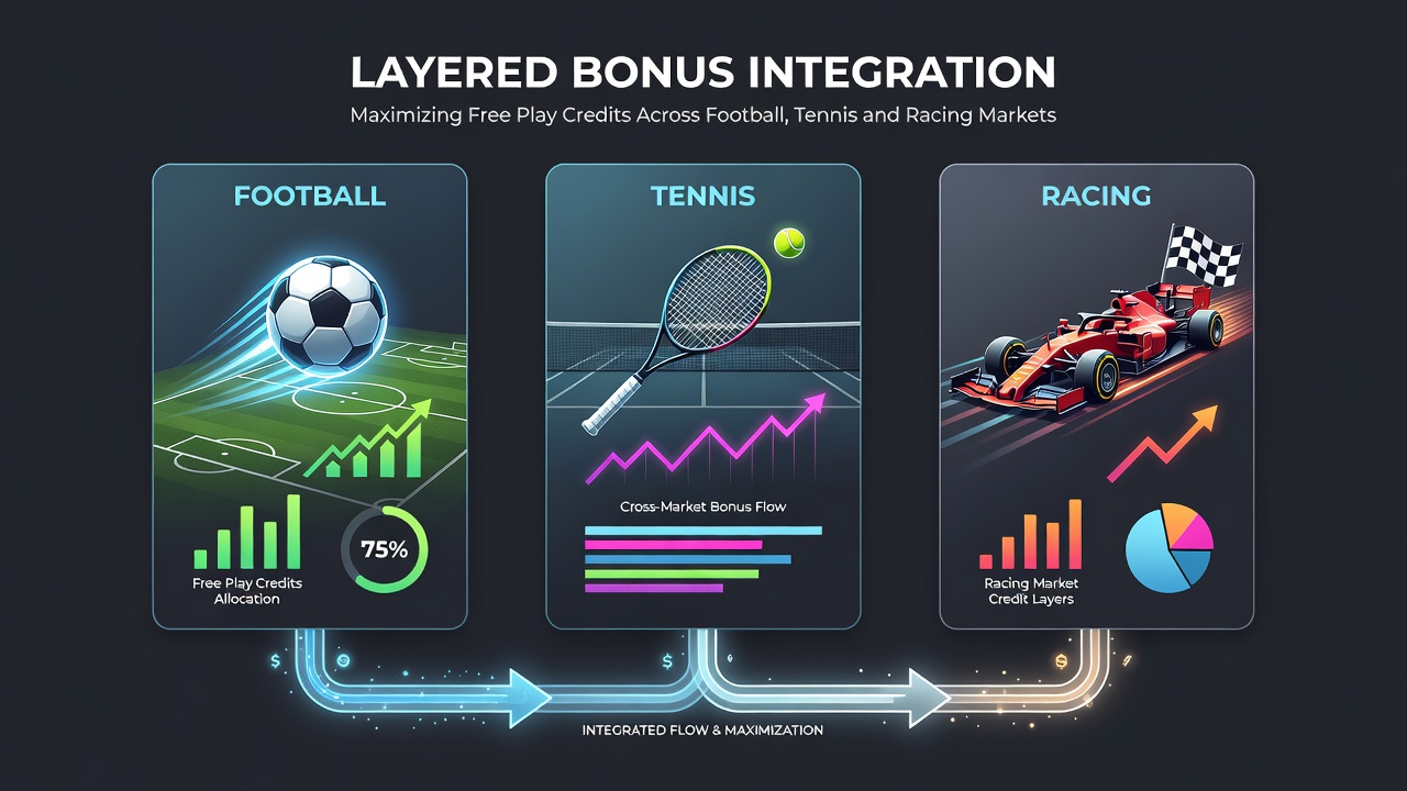 Visual representation of credit flow between football, tennis and racing markets using layered bonus structures