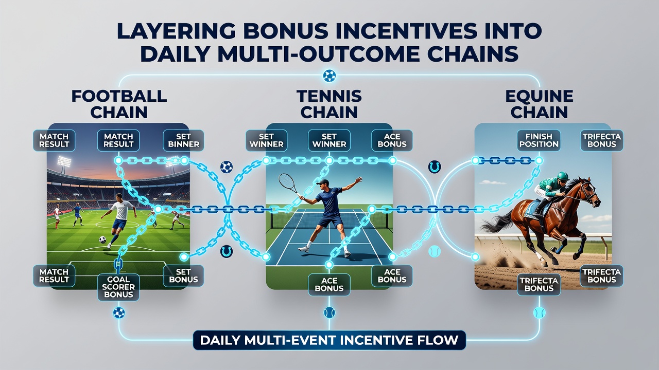 Visual representation of multi-outcome chains connecting football, tennis, and horse racing with bonus layers
