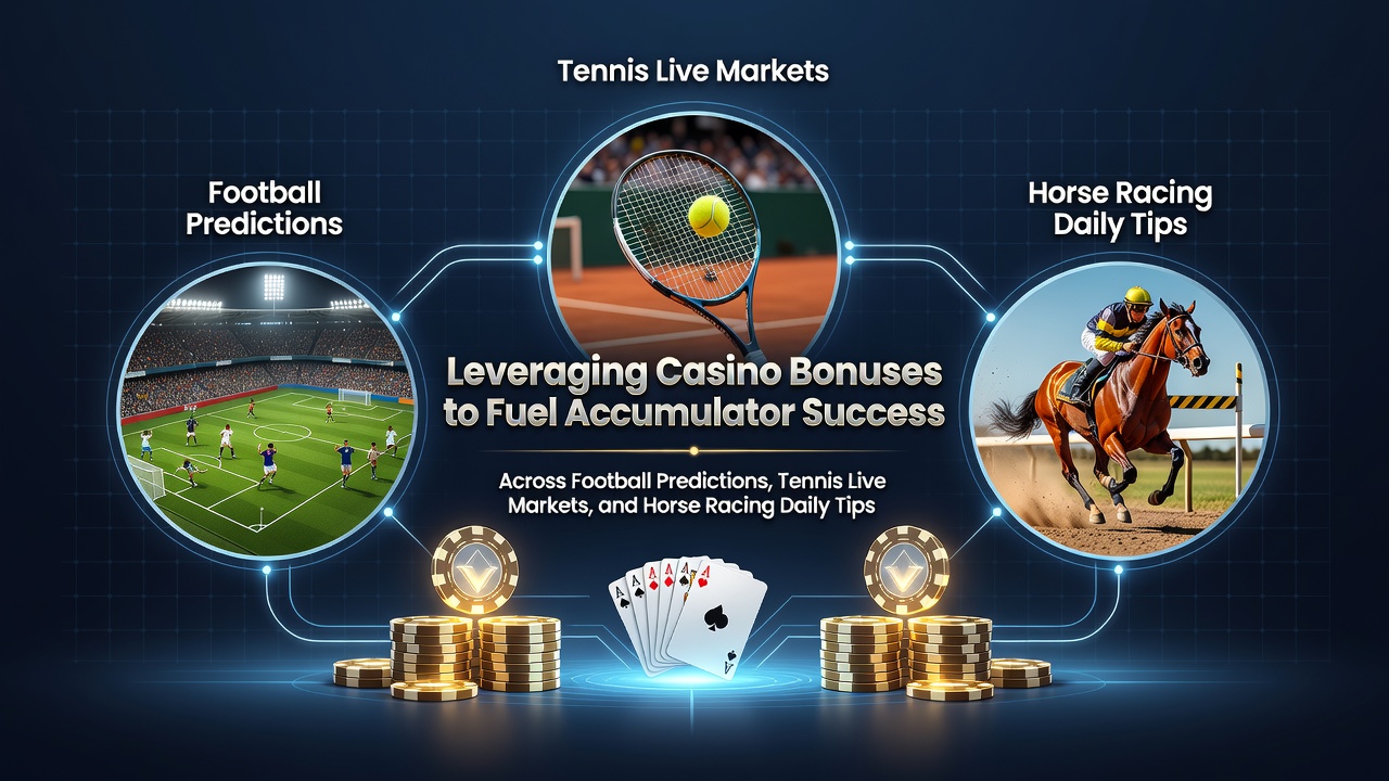 Casino bonus promotions displayed alongside accumulator betting interfaces for football, tennis and horse racing markets