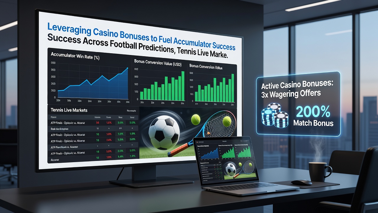 Accumulator betting slip filled with football, tennis and horse racing selections next to active casino bonus balance