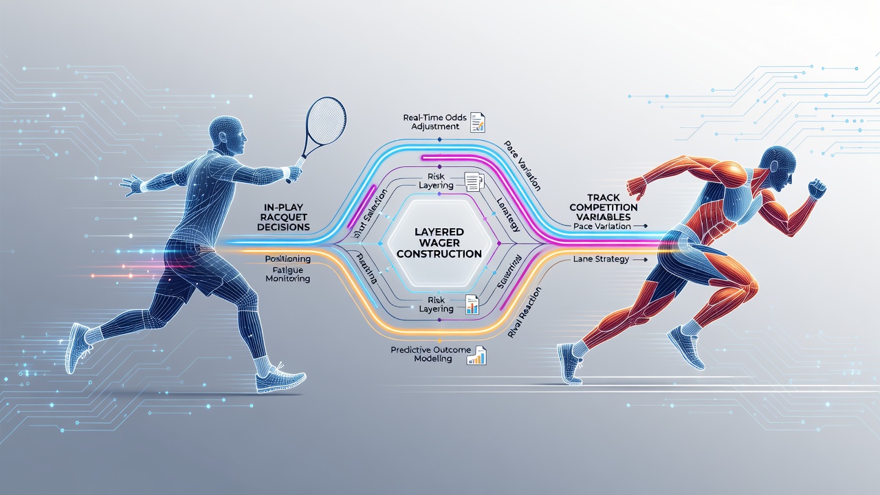 Diagram showing interconnected decision points between tennis rallies and horse race segments for wager layering