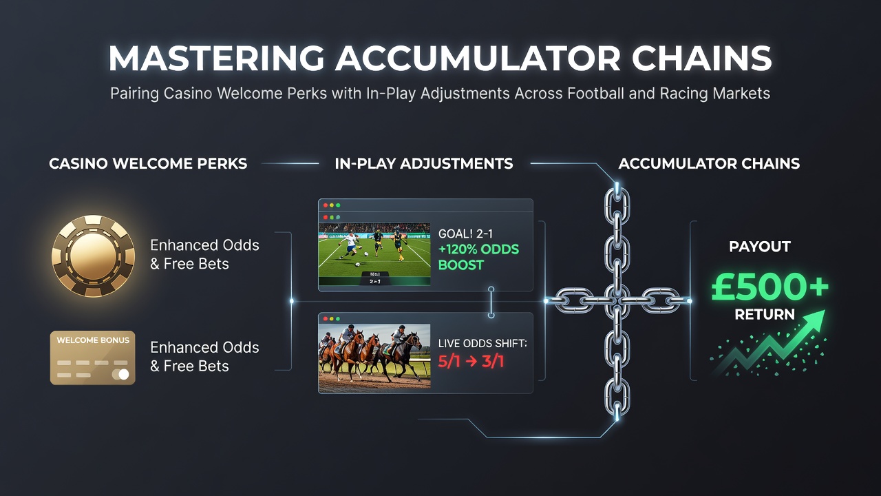 Accumulator betting interface showing football and horse racing markets with bonus indicators