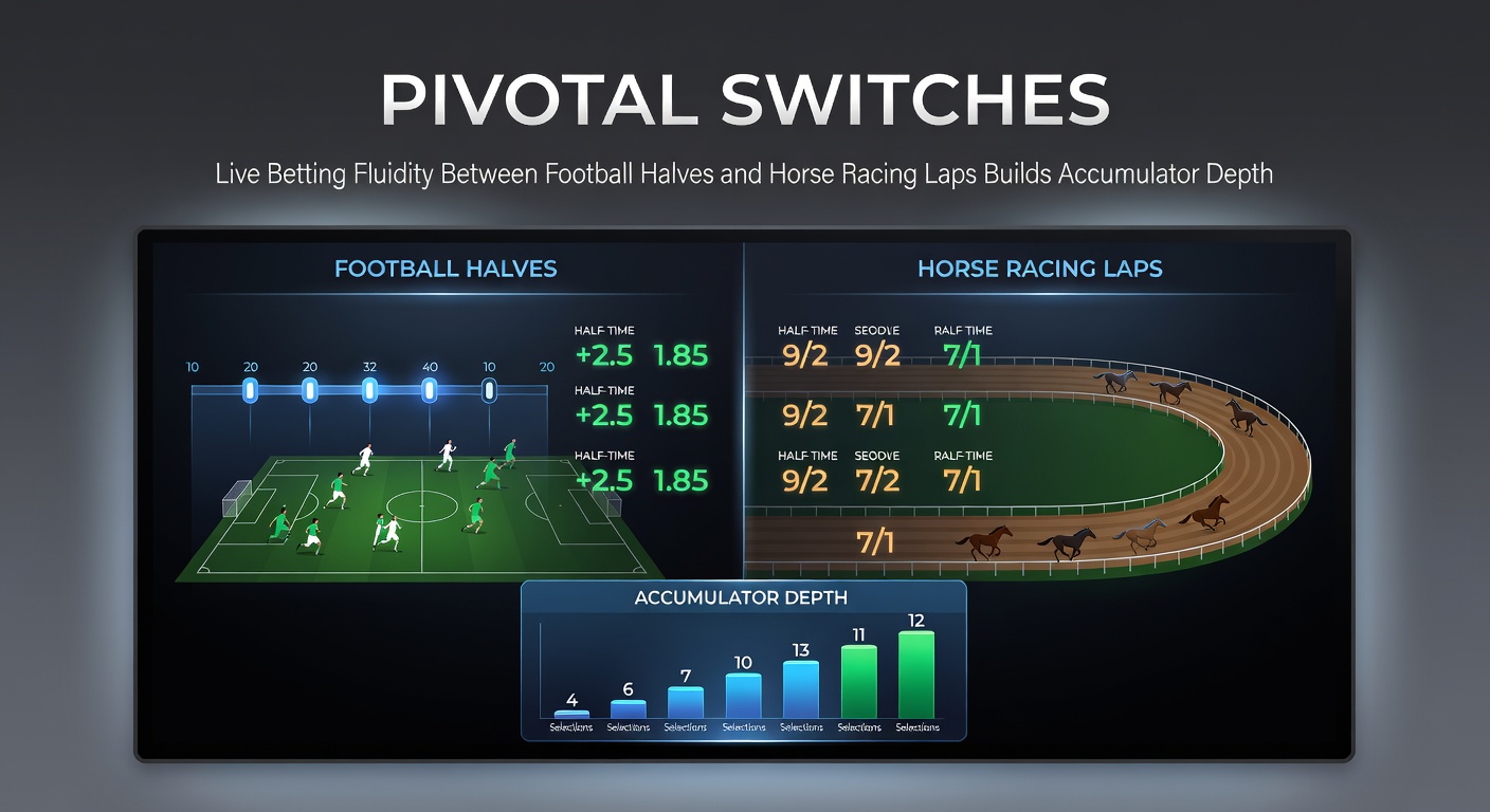 Dynamic live betting dashboard displaying shifting odds for a soccer match halftime and upcoming horse race, highlighting accumulator options
