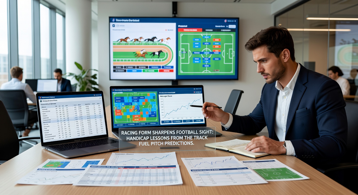 A vibrant horse racing track scene with jockeys urging horses toward the finish line under clear skies, symbolizing the precision of form analysis