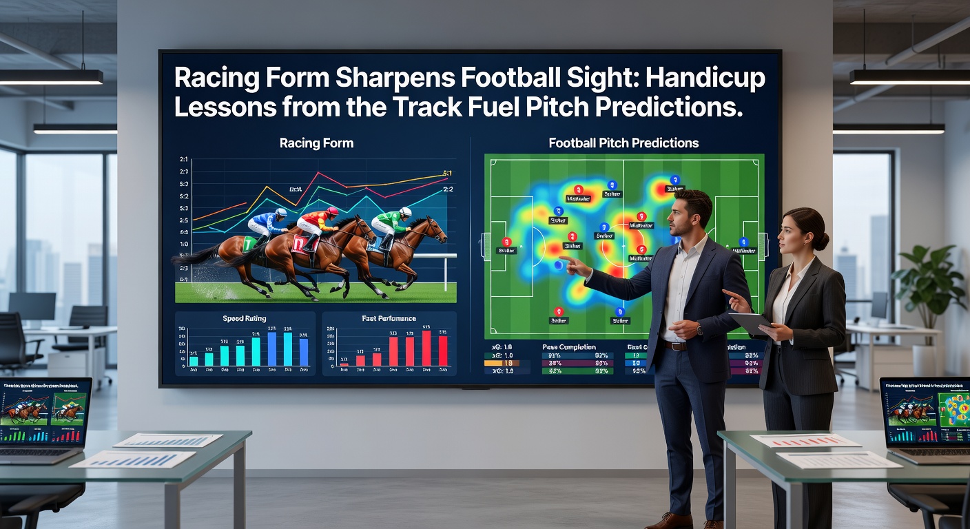 Football players in intense action on a rain-slicked pitch, with a blurred racetrack overlay illustrating the fusion of track precision and soccer dynamics