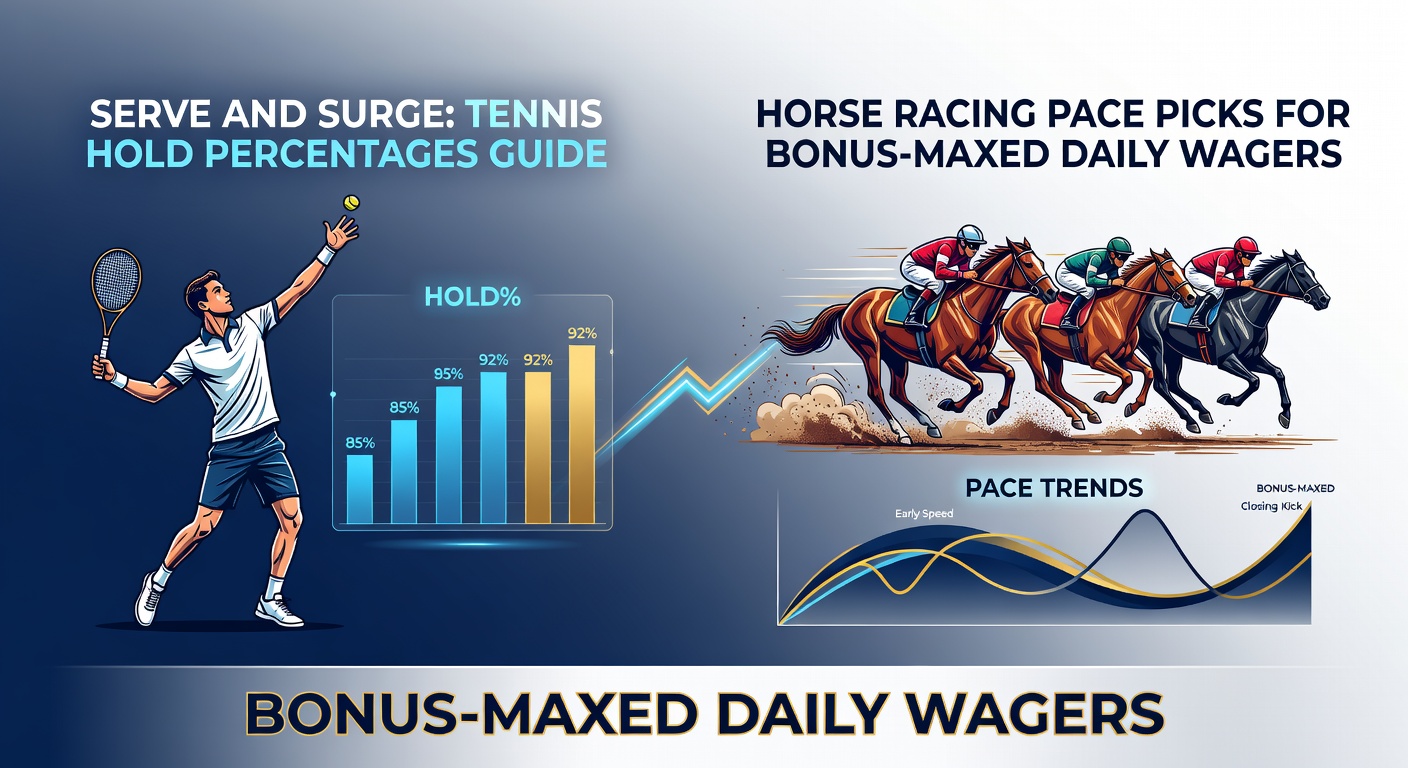 Tennis player serving on clay court with horse racing track in background overlay, highlighting stats overlays for holds and pace