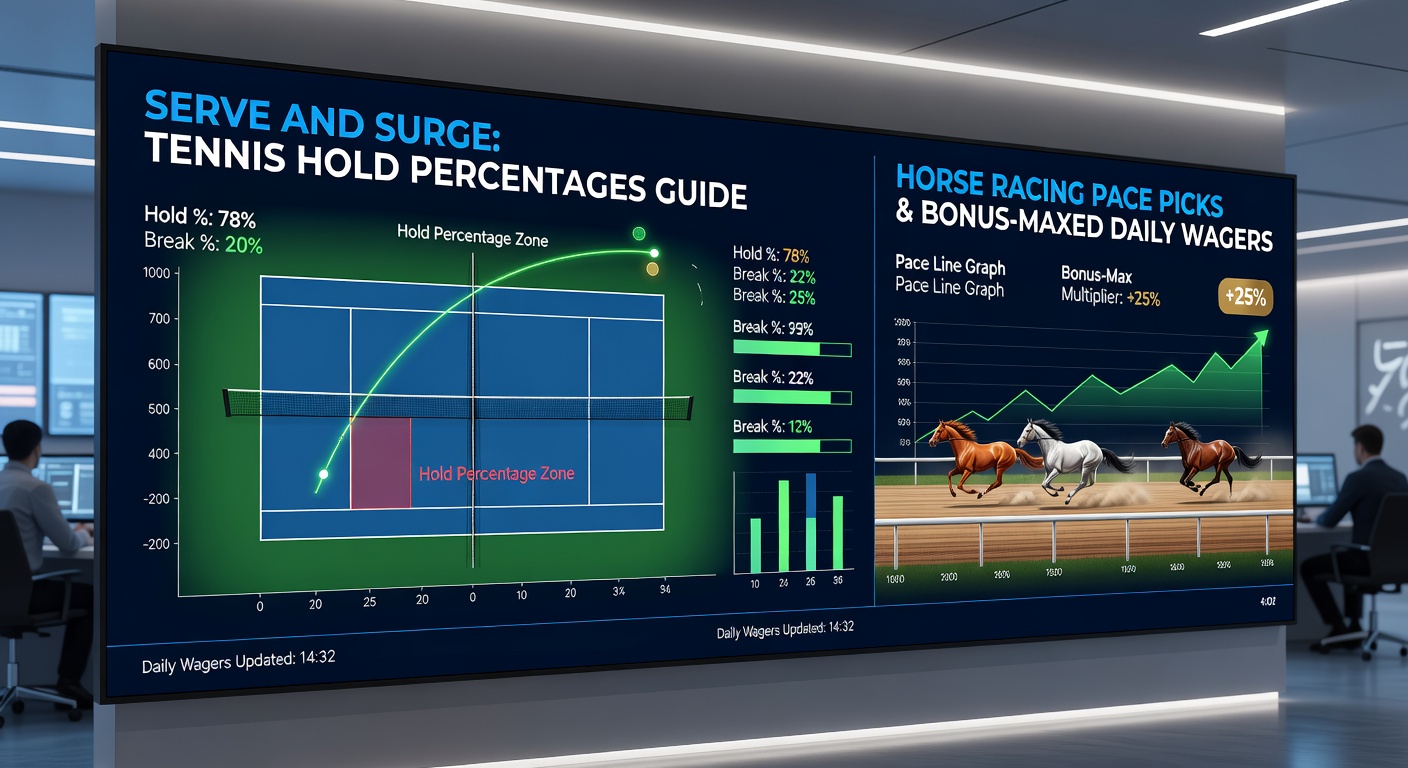 Split image showing tennis hold percentage graph next to horse racing pace chart, with overlaid betting slip maximizing bonuses