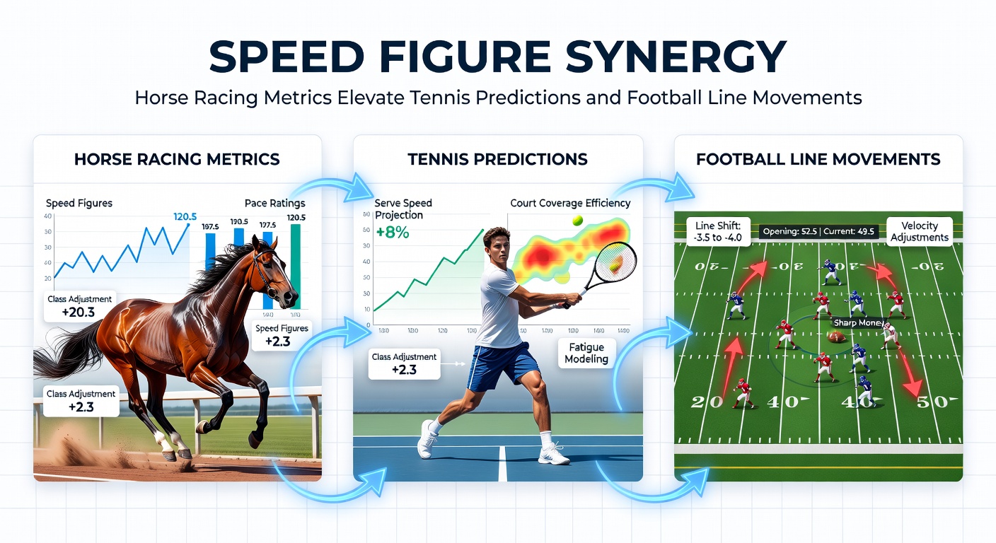 Horse racing speed figures overlaid on tennis serve and football sprint visuals, illustrating metric crossover in betting analytics