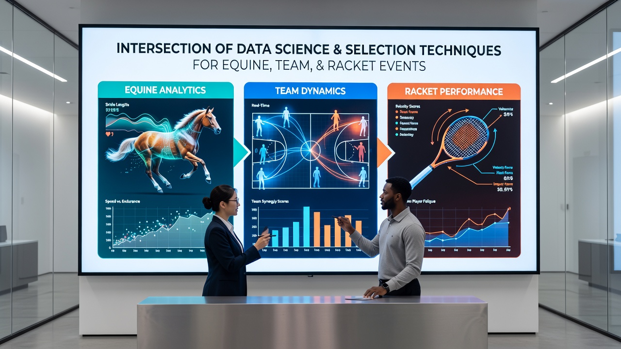 Analysts reviewing multi-sport datasets on large screens showing equine, team, and racket event correlations