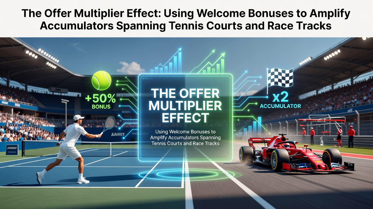 Tennis court with betting interface overlay and welcome bonus graphics