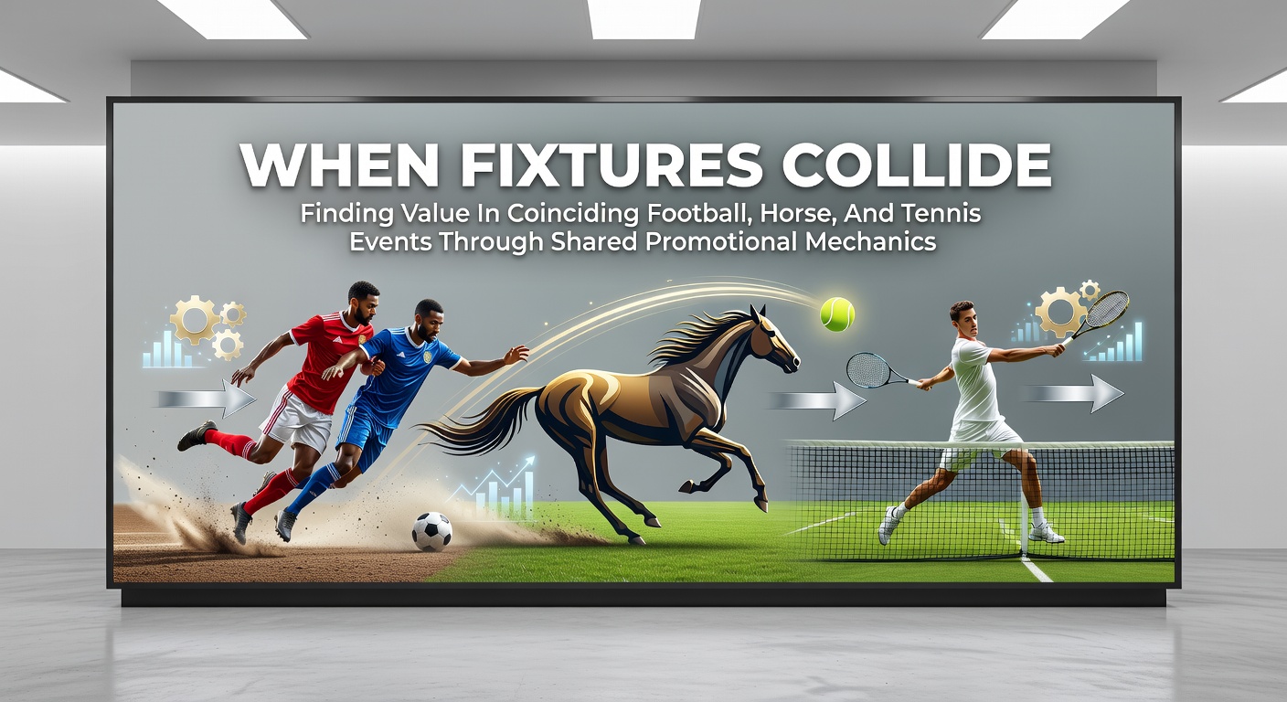 Football pitch, tennis court and horse racing track overlapping in promotional graphics